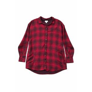 J Jill Red Black Plaid Rayon Shirt M Long Sleeve Button Down Pockets